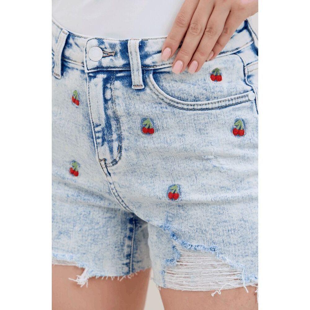 Judy Blue Women's Hi-Waisted Cherry Embroid Acid Wash Shorts Small